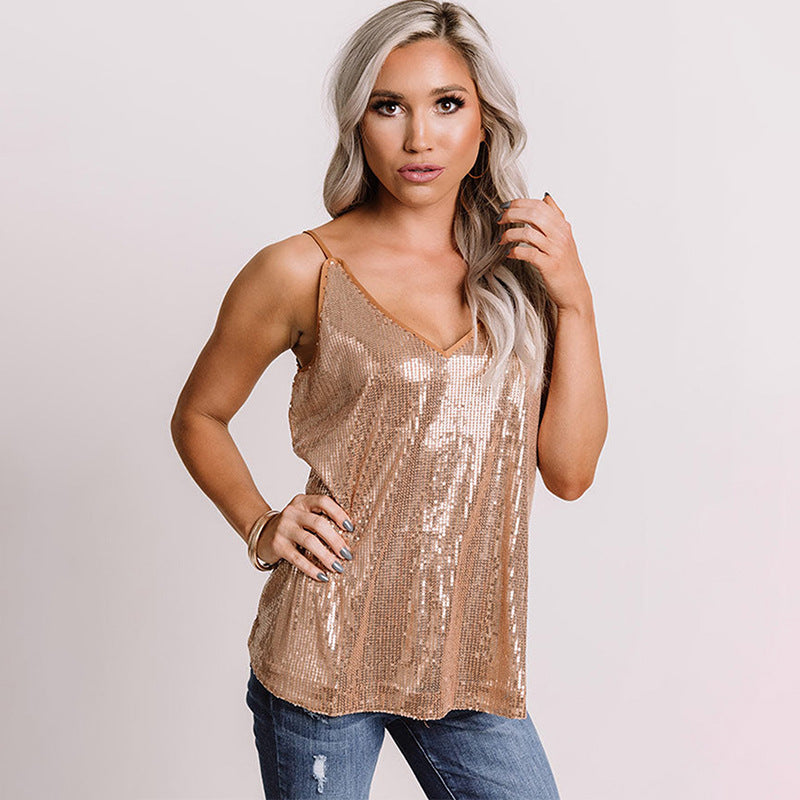 Sequin Sling Vest European And American Backless V-neck Sexy Sleeveless - Carvan Mart