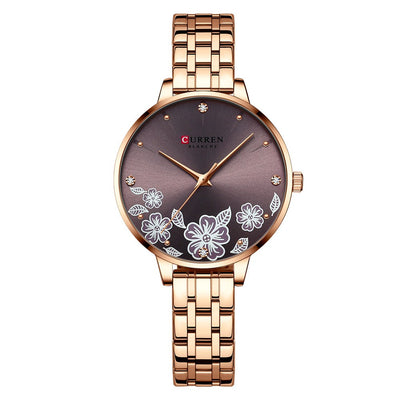 Women's Steel Belt Fashion Flower Casual Quartz Watch - Rose Gold Coffee Noodles - Women's Watches - Carvan Mart