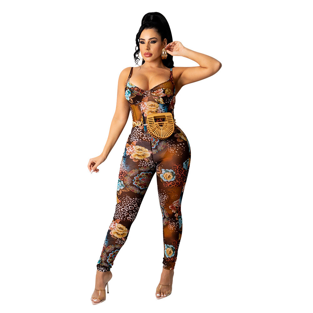 Women's Mesh Printed Jumpsuit Trousers - Carvan Mart