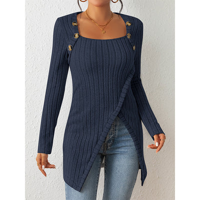 Carvan Woman Square-neck Off-shoulder Slit Sweater - Navy Blue - Winter Tops - Carvan Mart