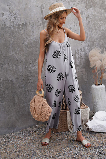 Jumpsuit Flowers Print Suspender With Pockets Fashion Round-neck Overalls For Women