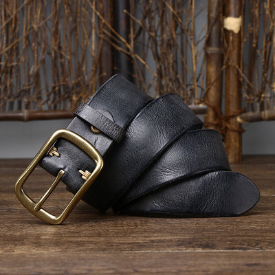 Men's Cowhide Vintage Distressed Pleated Brass Buckle Belt - Black - Men's Belts - Carvan Mart