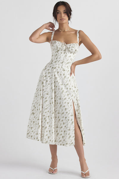 Commuter Temperament French High Split Party Dress - Green flower on white - Dresses - Carvan Mart