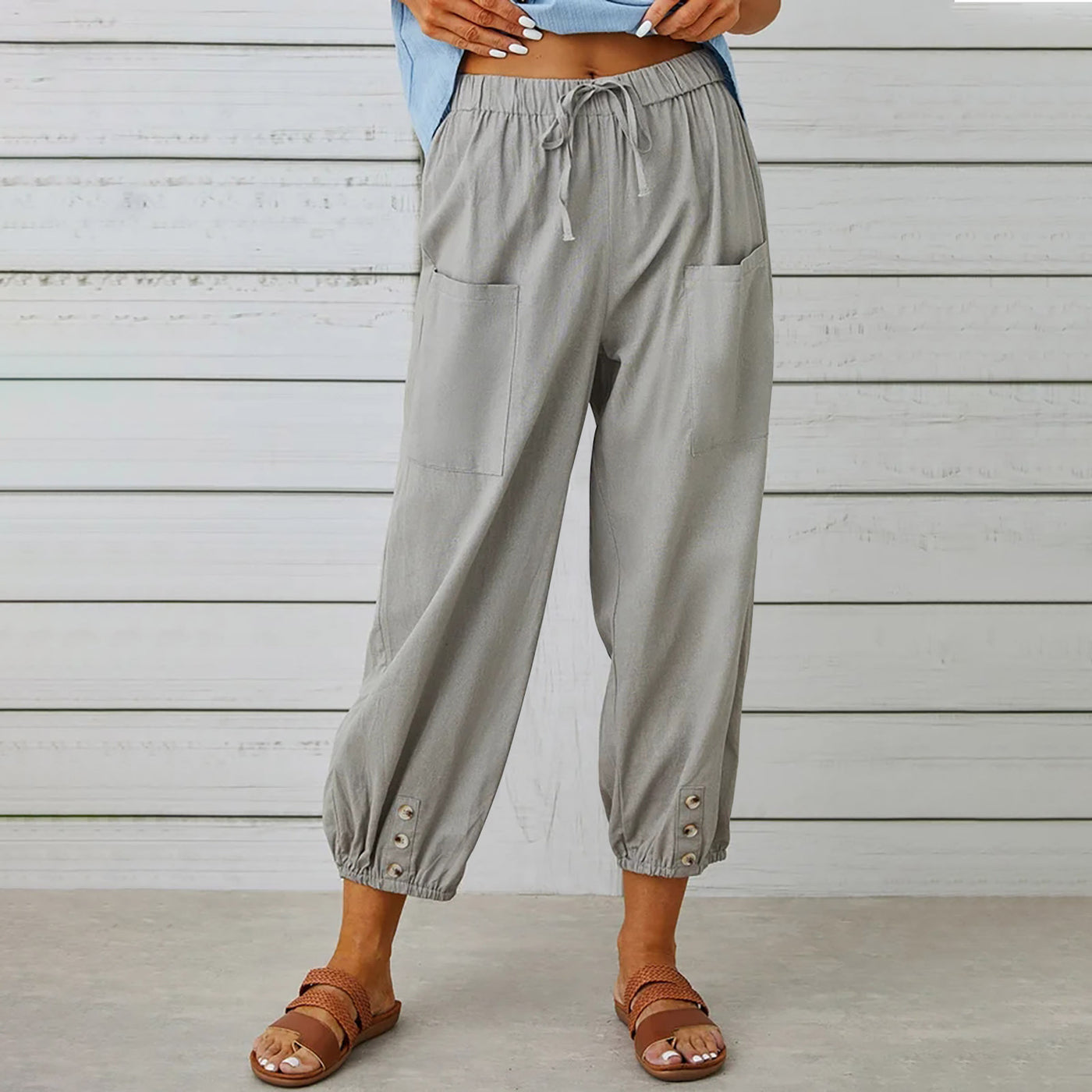 Women's Drawstring Tie Pants Cotton And Linen Trousers - Light gray - Pants & Capris - Carvan Mart