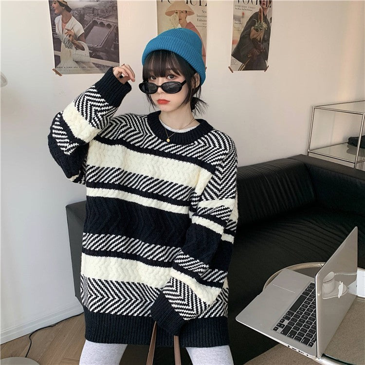 Striped Sweater Women's Loose Pullover - Carvan Mart