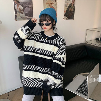 Striped Sweater Women's Loose Pullover - Black - Sweaters - Carvan Mart