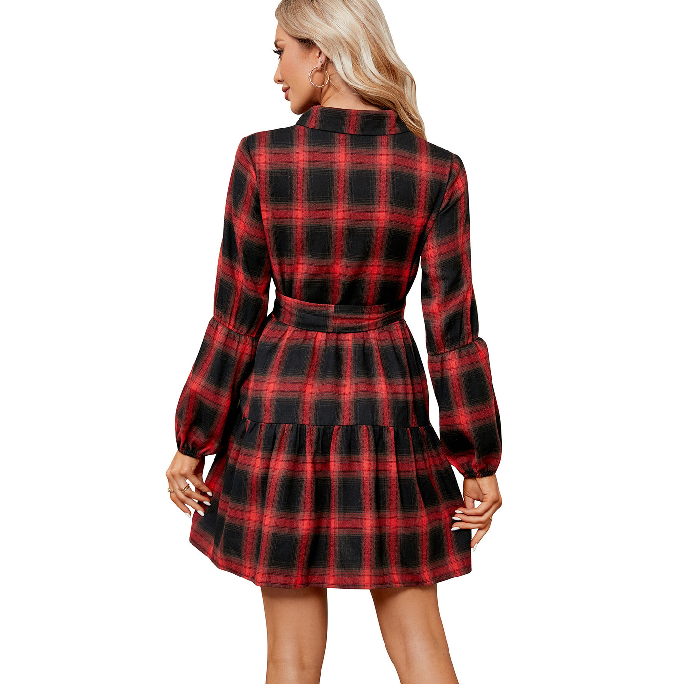 Women's Plaid Waist Dress - Adjustable Waist Cocktail Party Dress in Red and Black Stripes - Carvan Mart