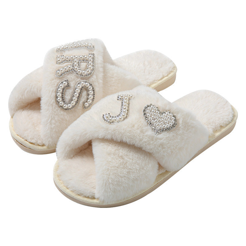 Women's Plush Slippers Home Non-slip Cotton Slippers Fleece-lined Thickened Cross Toe Covering Fluffy Slippers - - Women's Slippers - Carvan Mart