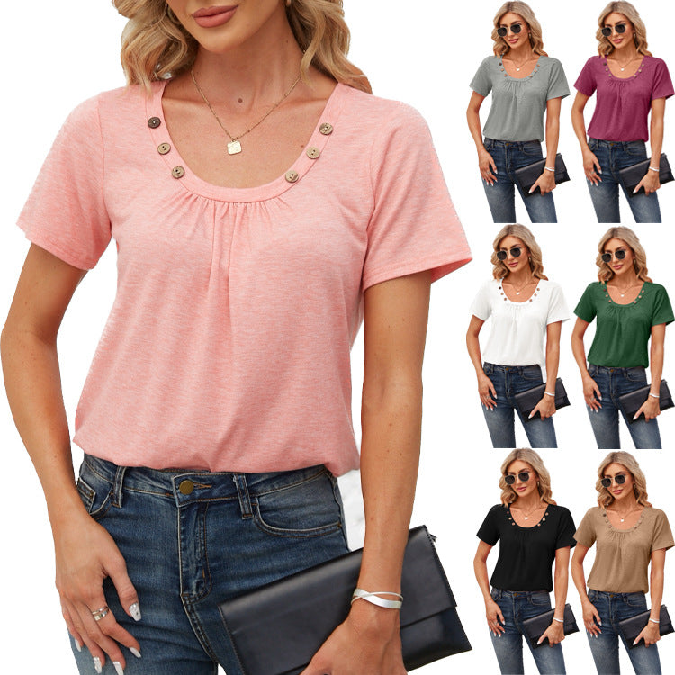 Women's Short-sleeve T-shirt Summer Button Square Collar Pleated Loose T-shirt - - Blouses & Shirts - Carvan Mart