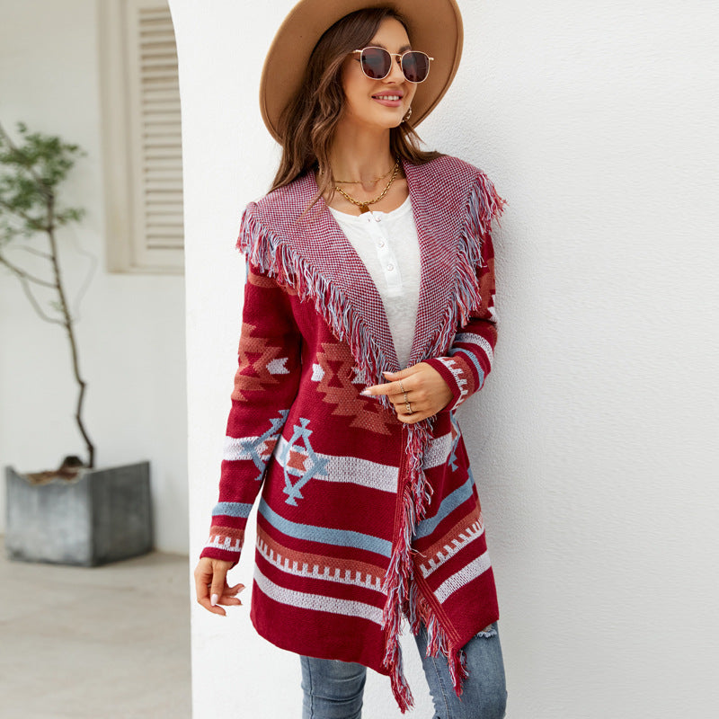 Loose Hooded Tassel Geometric Women's Brocade Sweater Coat - Carvan Mart