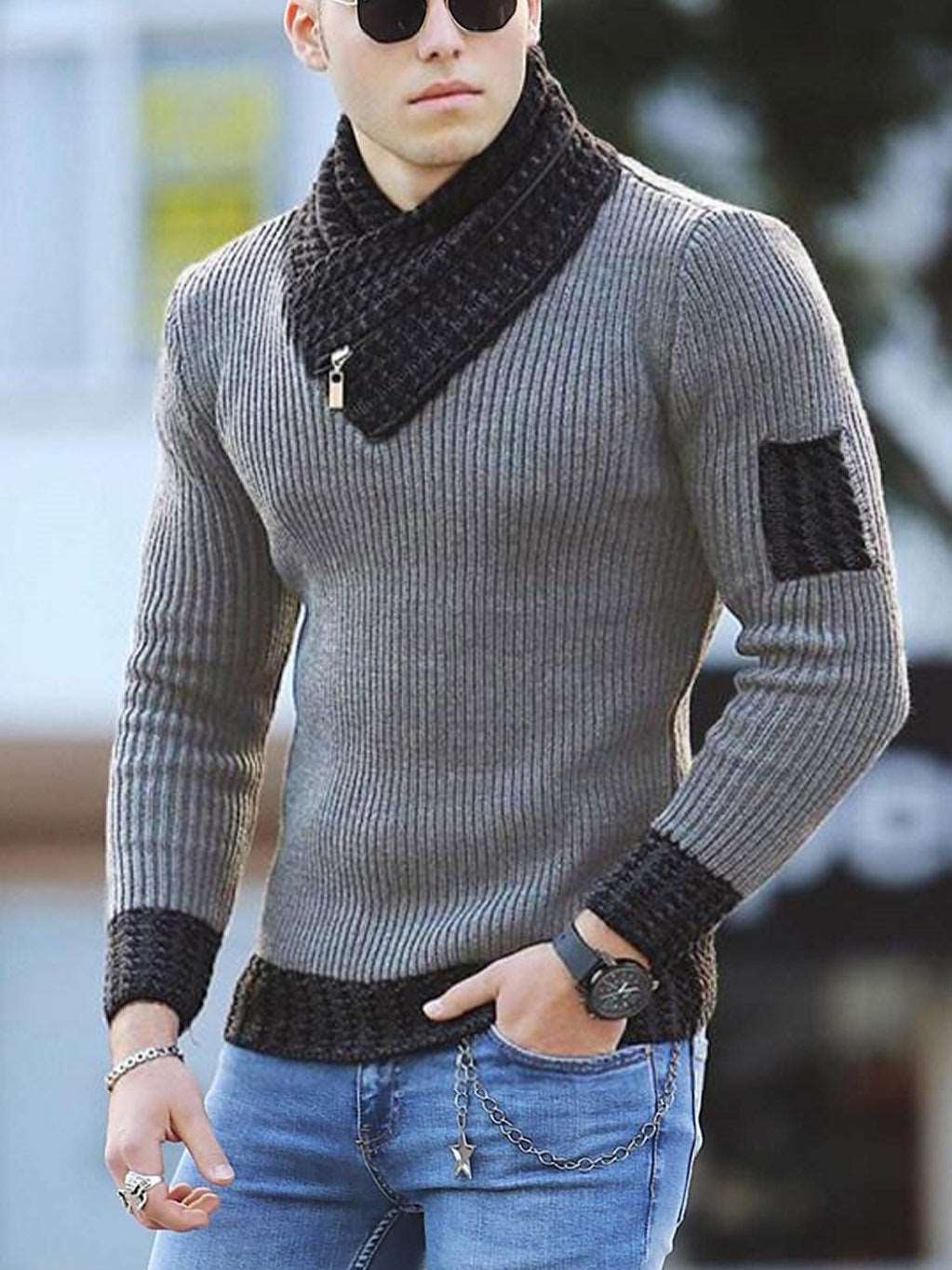 Casual Slim Knit Pullover Long Sleeve Scarf Collar Sweater Men's - Carvan Mart