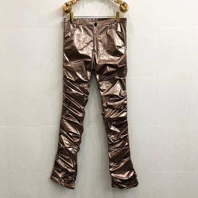 Mirror Fit Pleated Flare Leather Pants - Trendy Unisex PU Leather Pants - Gold - Men's Pants - Carvan Mart