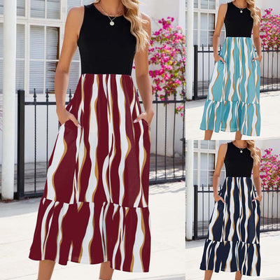 Women's Summer Dresses Round Neck Sleeveless Striped Print Midi Dress - - Dresses - Carvan Mart