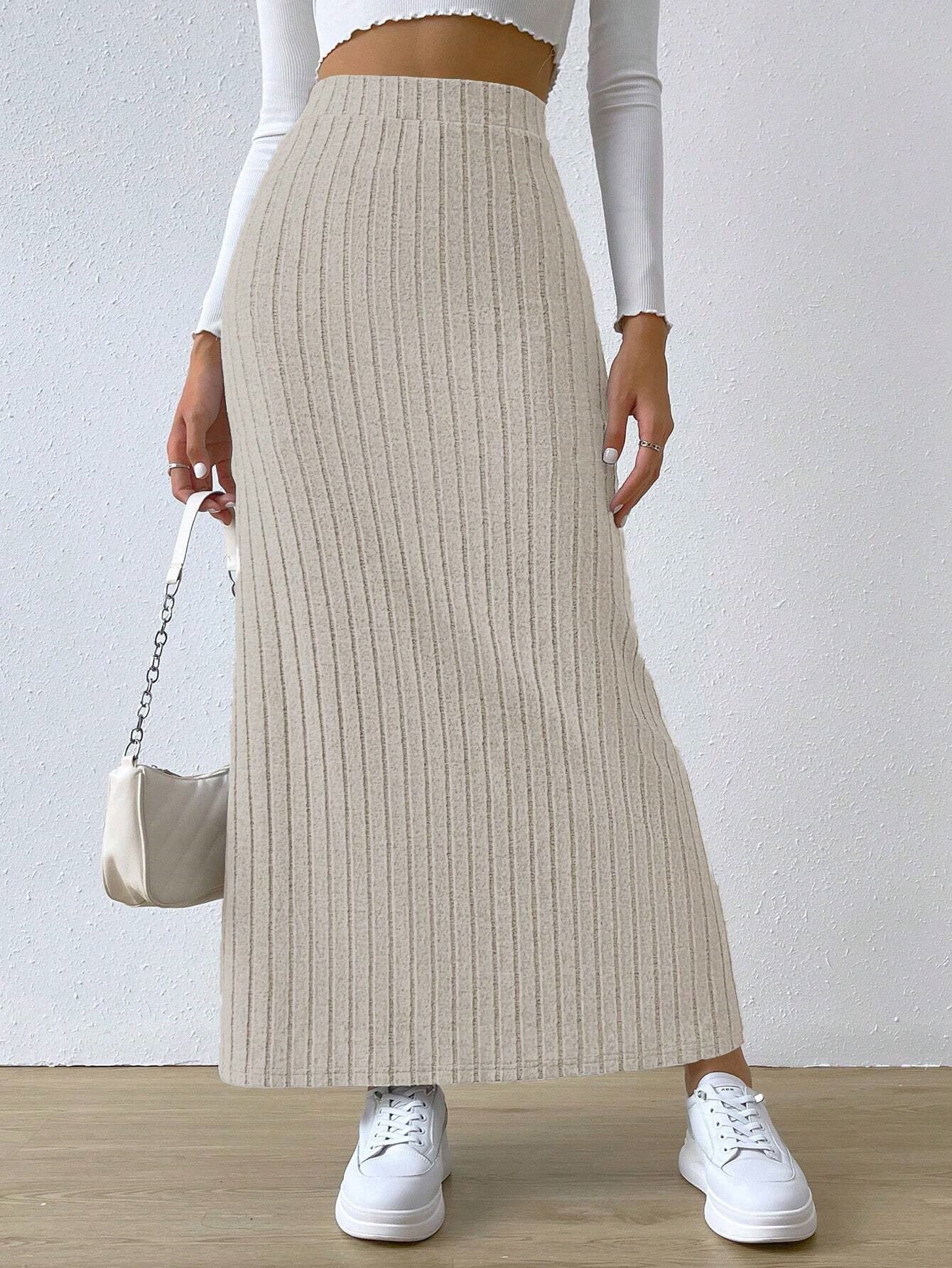 Women's Spring Long Skirt High Waist Side Slit Slim Fit Knitted Skirt