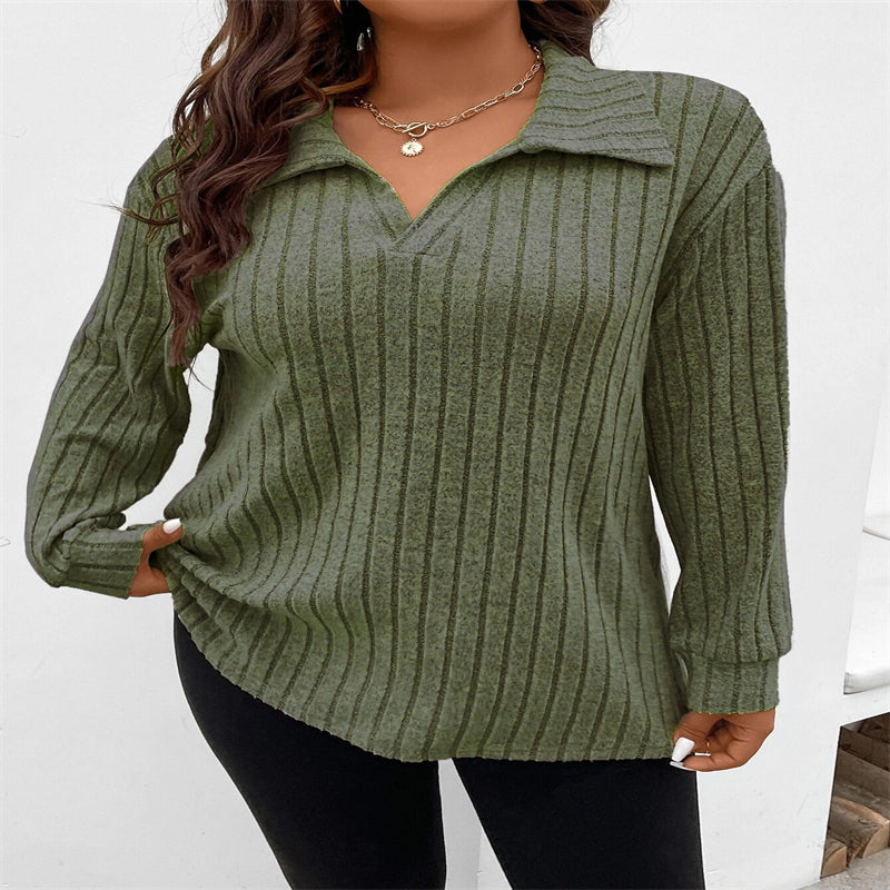 Stylish Women's Blouses Plus Size Top V-shaped Lapel Long Sleeve Sunken Stripe Brushed T-shirt - Carvan Mart