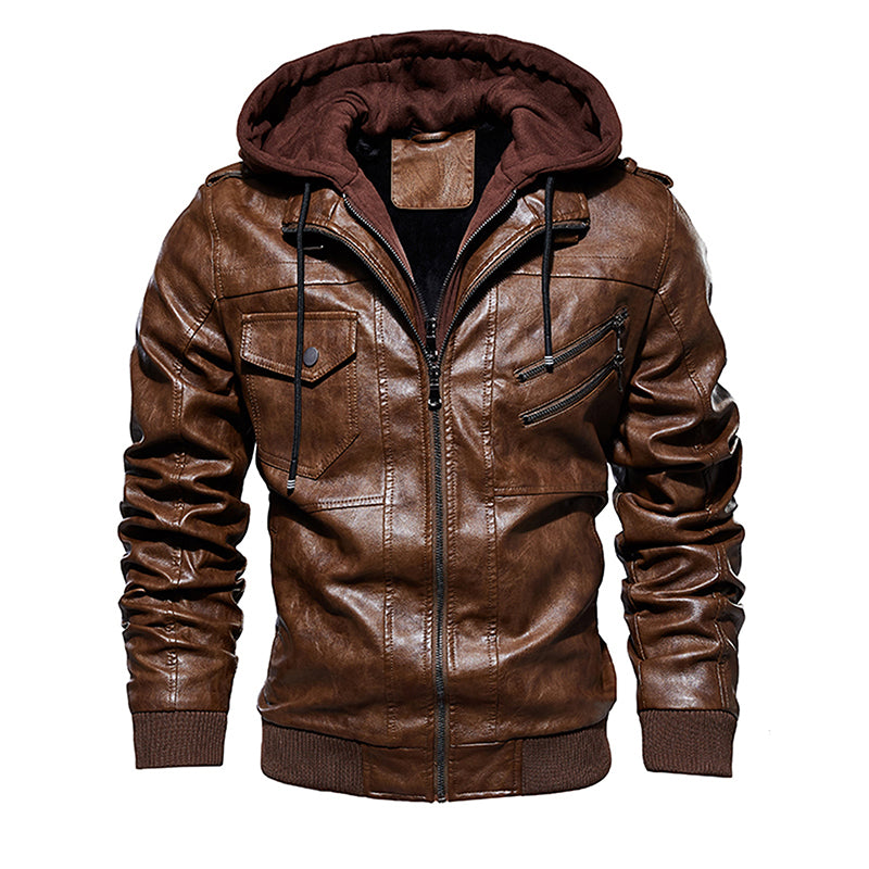 Men Hooded Leather Jacket Thick Motorcycle Windproof Casual Winter Jacket
