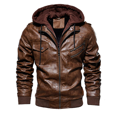 Men Hooded Leather Jacket Thick Motorcycle Windproof Casual Winter Jacket - Carvan Mart