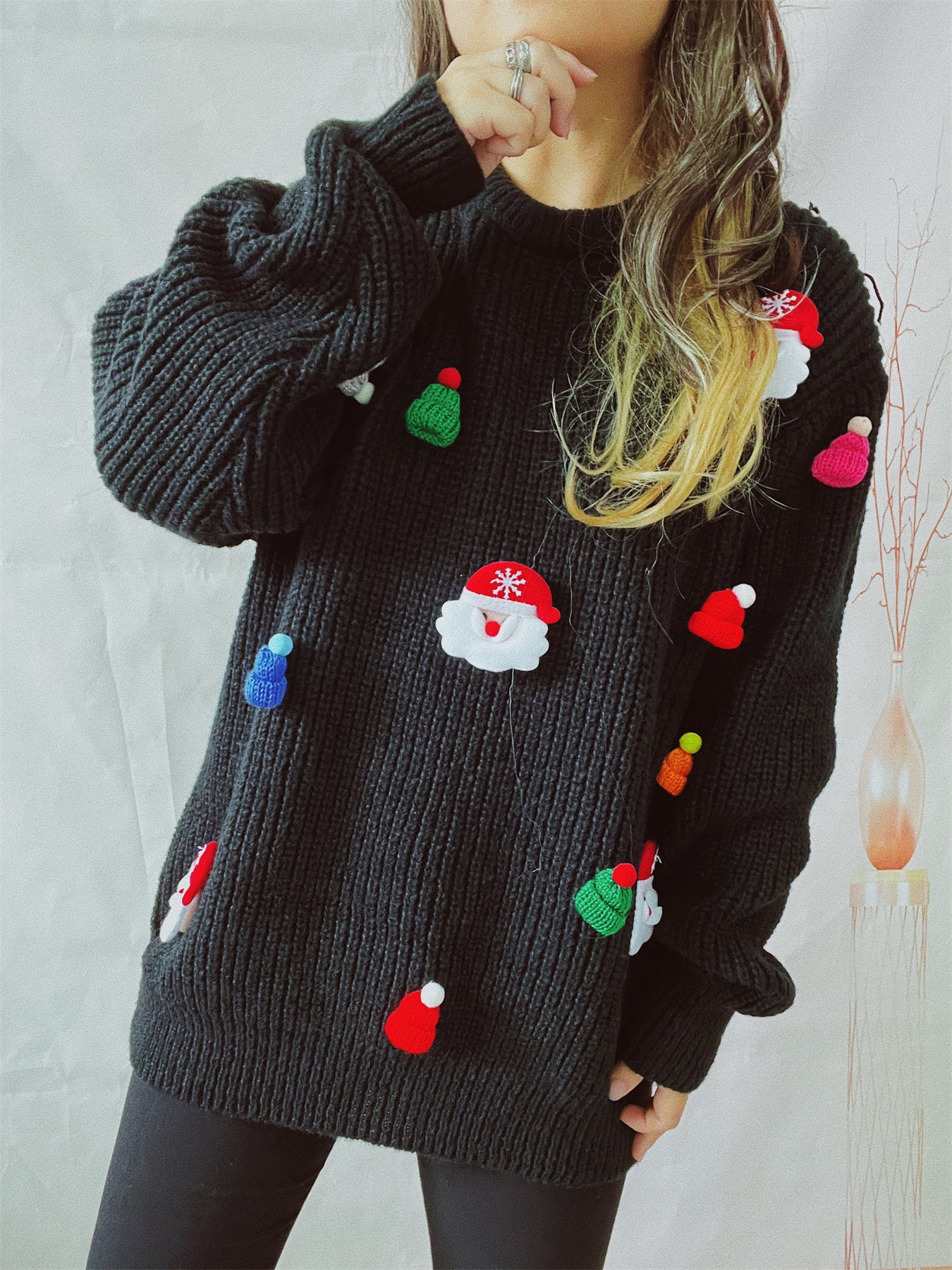 Women's Cute Fashion Santa Claus Three-dimensional Round Neck Long Sleeve Sweater - Carvan Mart