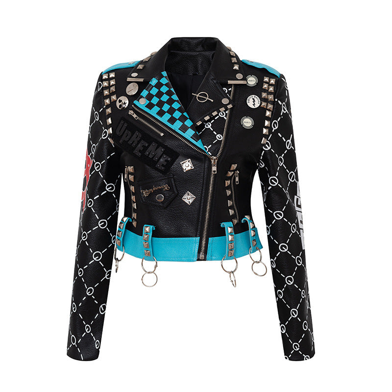 Graffiti Print Jacket Embellished Women's Leather Moto Jacket - Carvan Mart