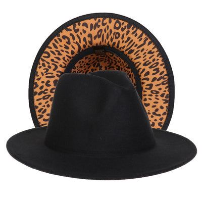 Double-sided Color-blocking Leopard Print Woolen Fedora Hat - Carvan Mart