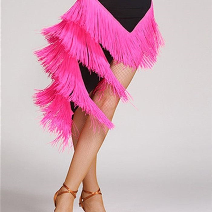 Latin Dance Costume Dance Skirt Adult Fringed Dance Skirt Short Skirt Bottoms - Black and rose red - Prom Dresses - Carvan Mart