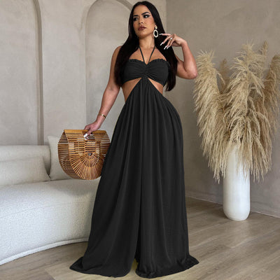 Women's Chiffon Chest Wrap Bare Back Wide Leg Jumpsuit - Carvan Mart