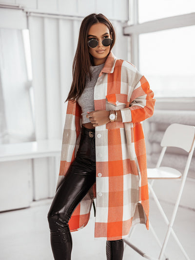 Women's Fashion Long Sleeve Color Plaid Brushed Woolen Long Coat - Carvan Mart