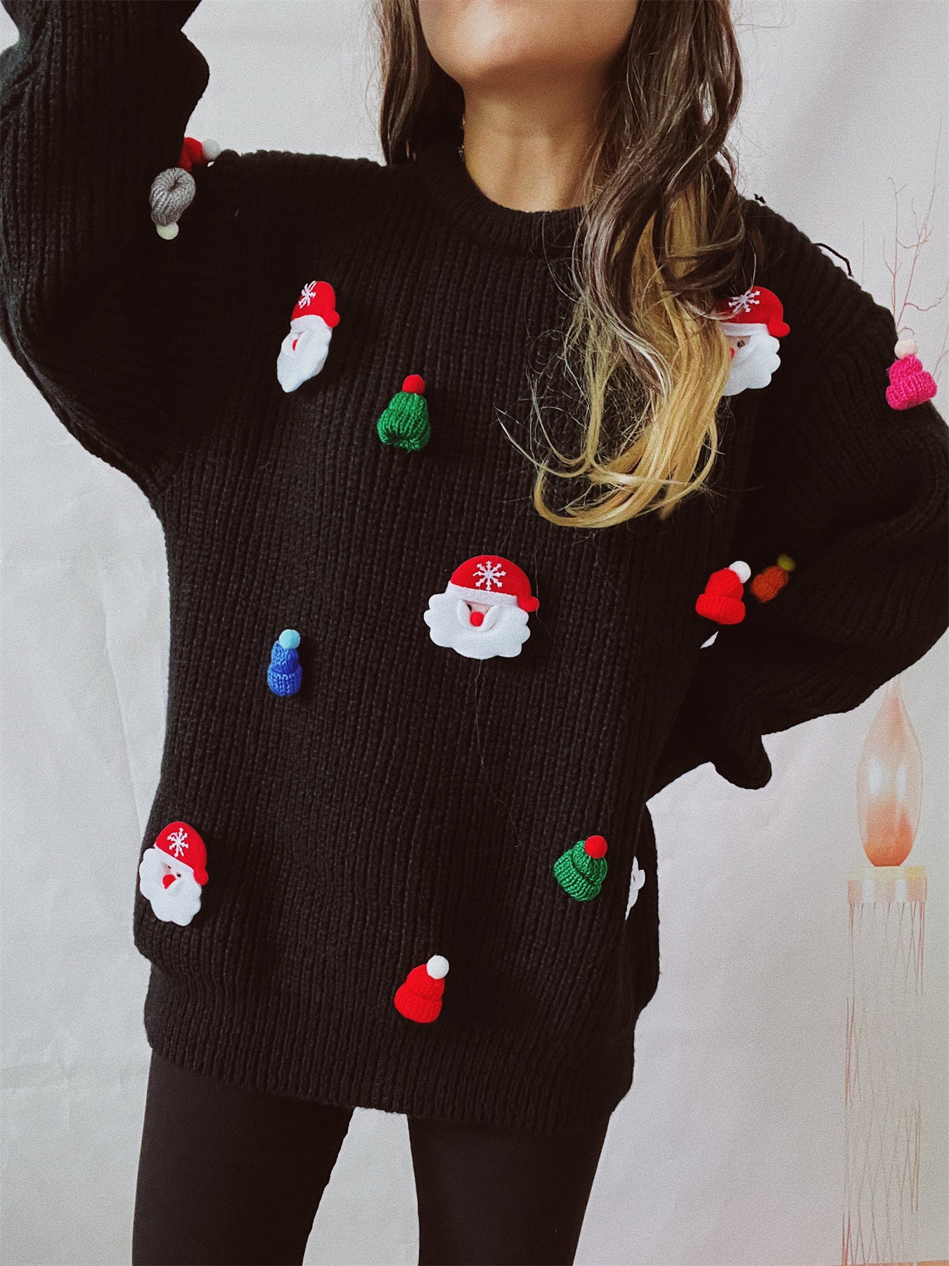 Women's Cute Fashion Santa Claus Three-dimensional Round Neck Long Sleeve Sweater - Carvan Mart