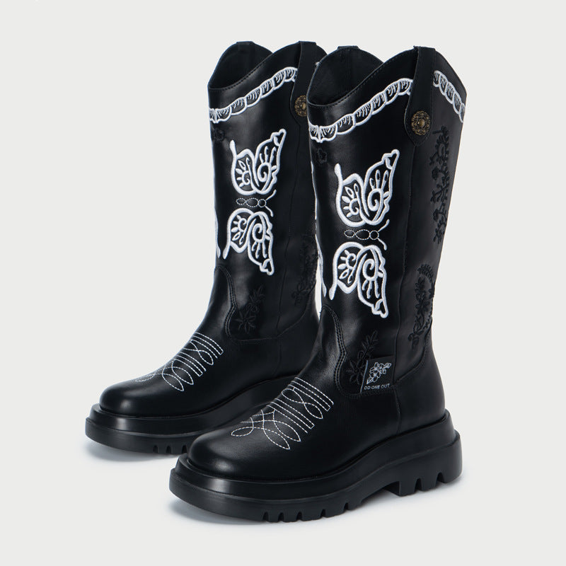 Women's Butterfly Embroidery Cowboy Boot - Black Plus Velvet - Women's Shoes - Carvan Mart