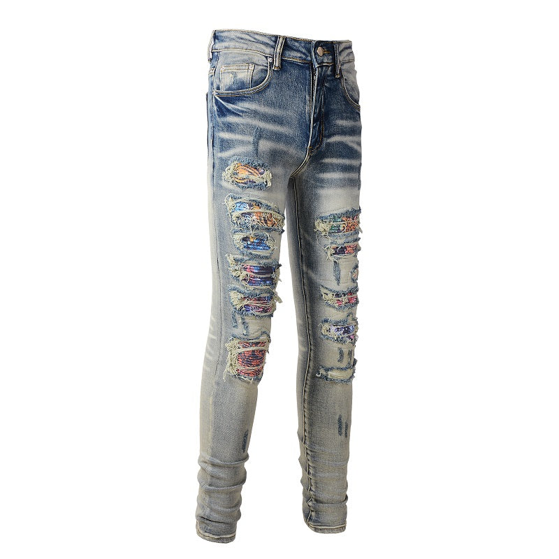 Iridescence Printed Patch Worn Baby Blue Jeans Male - Carvan Mart