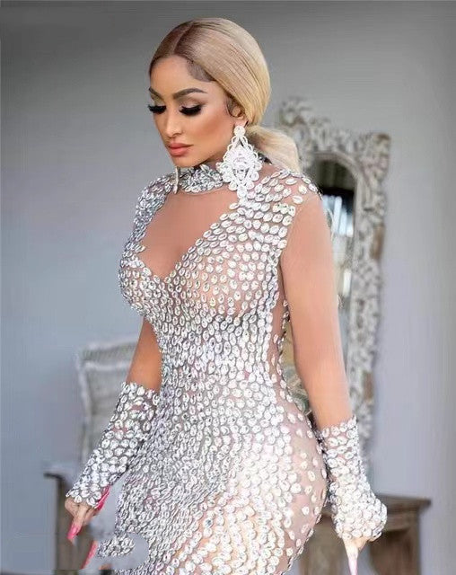 Sexy Sequin Cocktail Party Dress - Long Sleeve Round Neck Midi Dress - Carvan Mart