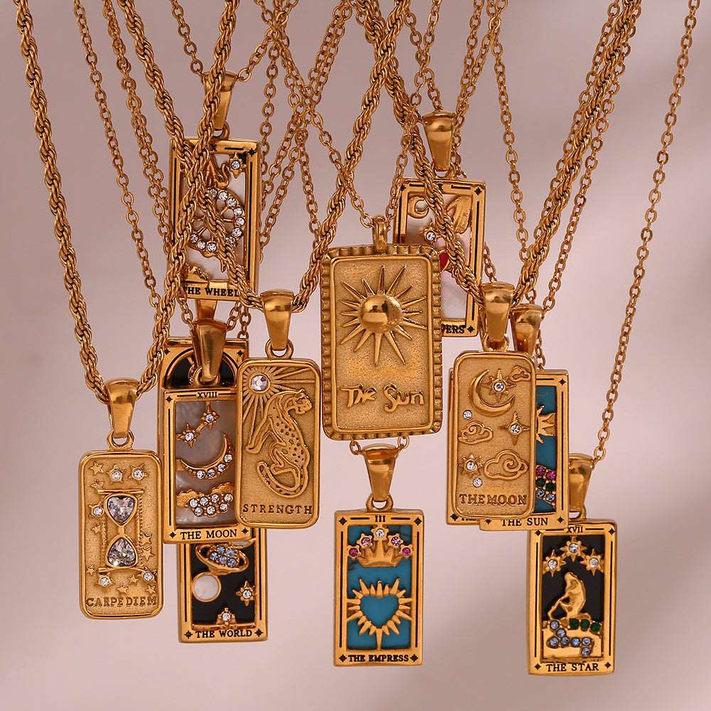 Fashion Tarot Necklace With Rhinestones Diamond Set Pendant Rectangular Drip Necklace Jewelry - Carvan Mart