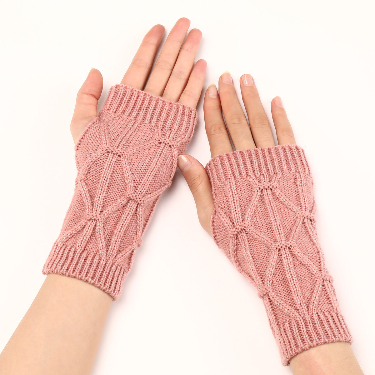 Rhombus Fashion Oversleeve Knitted Wool Keep Warm Half Finger Gloves - Leather Pink Average Size - Women Gloves & Mittens - Carvan Mart