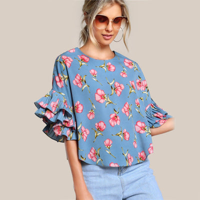 Layered Ruffle Blouses Double Layer Bell Sleeve Short Chic T-shirt - Carvan Mart