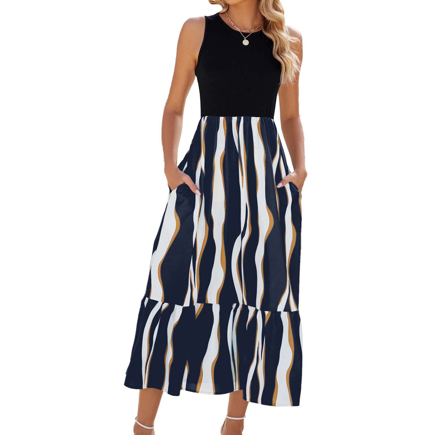 Women's Summer Dresses Round Neck Sleeveless Striped Print Midi Dress - Carvan Mart