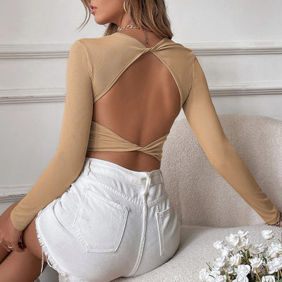 Sexy Backless Casual Short Slim Knit Long Sleeve Women's T-shirt Top - Carvan Mart