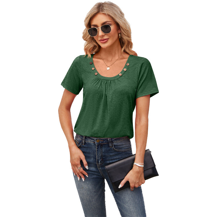 Women's Short-sleeve T-shirt Summer Button Square Collar Pleated Loose T-shirt - - Blouses & Shirts - Carvan Mart