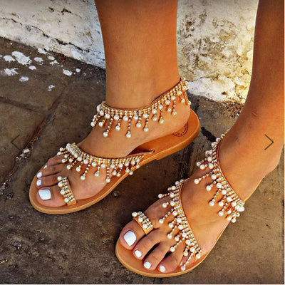 Women Sandals Flat Pearl Comfortable String Bead Slippers - Carvan Mart