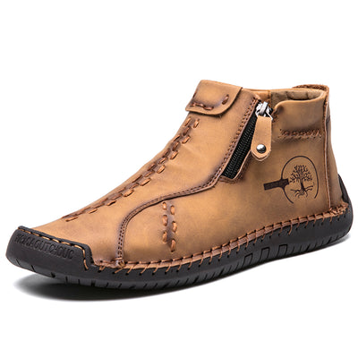 Men's Handmade Boots, Classic Stitching Ankle Boots, Outdoor Casual Zipper Shoes - Carvan Mart