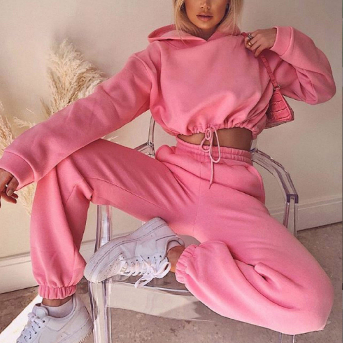 Women 2 Piece Sweat Suit Tracksuit Long Sleeve Hoodie Sportswear - Pink - Active Attire - Carvan Mart