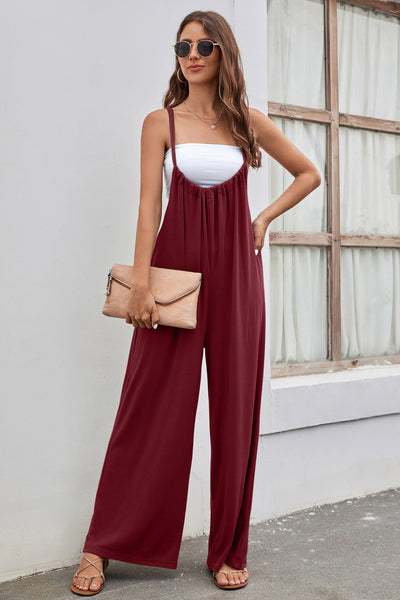 Strap High Waist Casual Wide Leg Jumpsuit - Wine Red - Jumpsuits & Rompers - Carvan Mart
