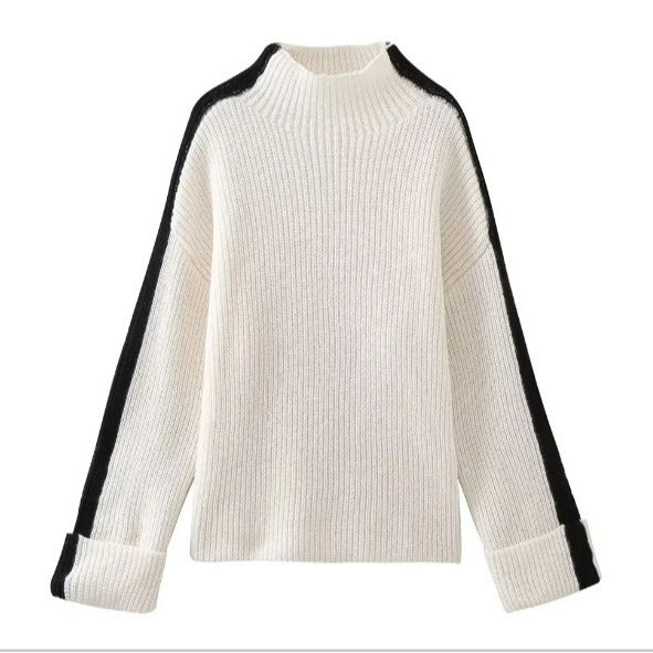 Women's Fashion Casual Turtleneck Patchwork Stripes Sweater - Carvan Mart