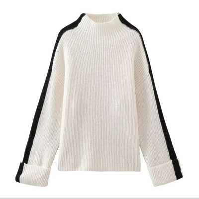 Women's Fashion Casual Turtleneck Patchwork Stripes Sweater - Apricot - Sweaters - Carvan Mart