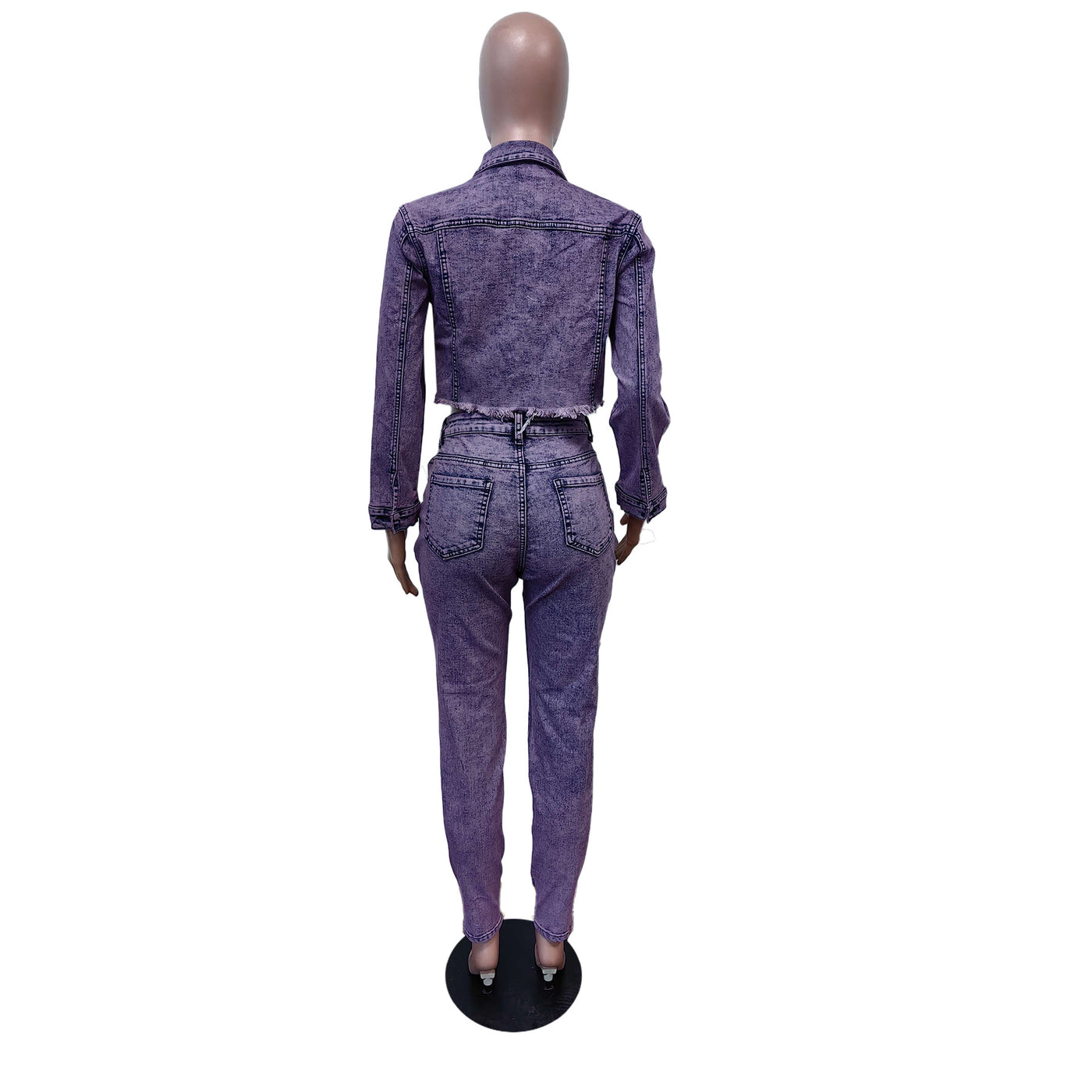 Women's Two Piece Suit Stretch Long Sleeve Denim Street Style Pant Suit - Carvan Mart