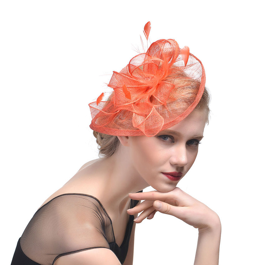 Fascinator Hat Hemp Yarn Banquet Net Top Hat Bridal Feather Hat - Orange - Women's Hats & Caps - Carvan Mart