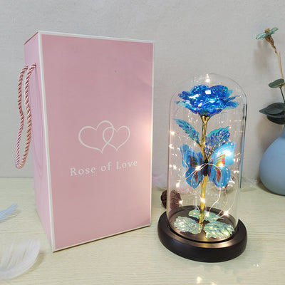 Gift Eternal Rose LED Light Foil Flower In Glass Cover Wedding Favors Bridesmaid Gift - Blue Pink box - Gift - Carvan Mart