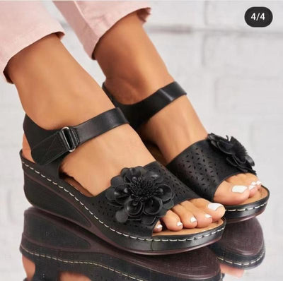 Women's Summer Plus Size Hollow-out Flower Platform Wedge Sandals - Black - Women's Sandals - Carvan Mart