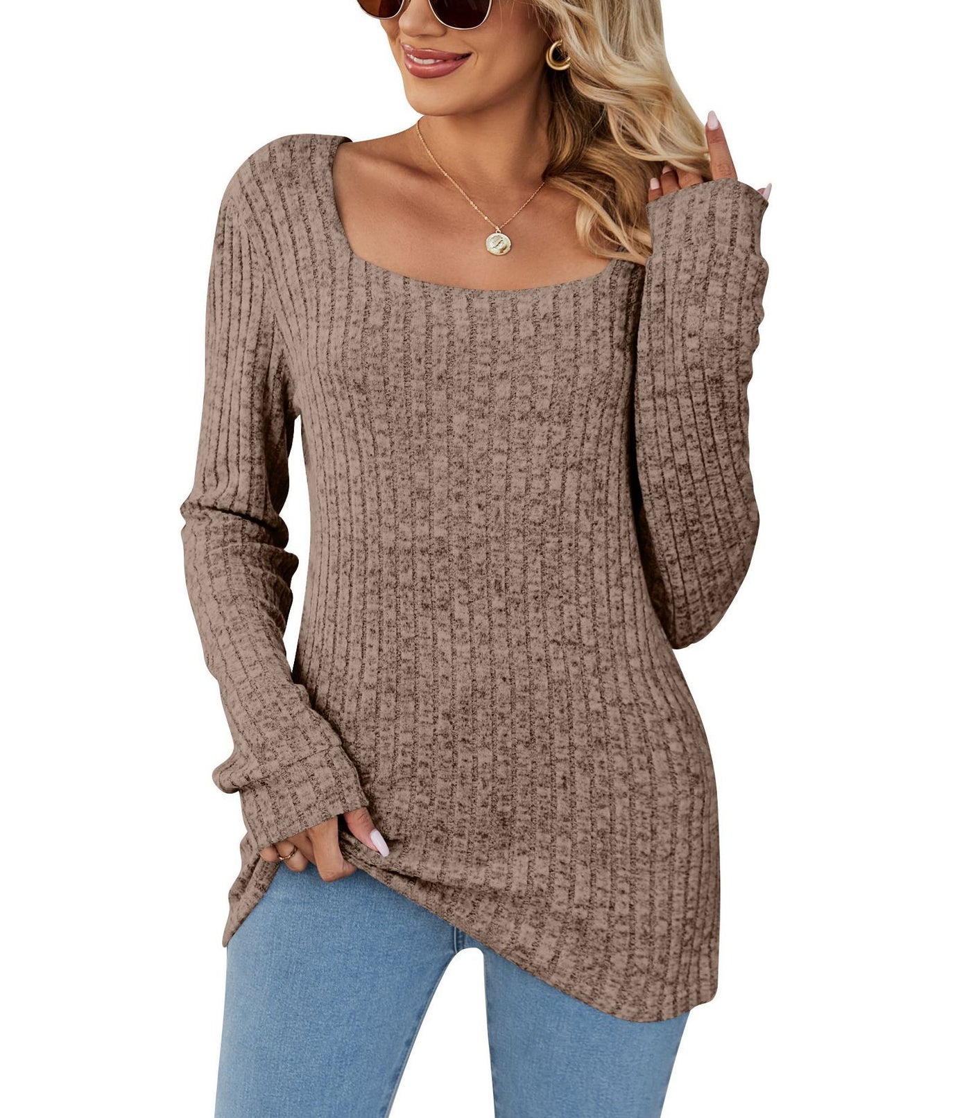 Square Collar Sunken Stripe Brushed Women's Casual Long Sleeve - Khaki - Winter Tops - Carvan Mart