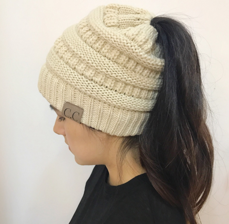 High Bun Ponytail Beanie Hat Chunky Soft Stretch Cable Knit Warm Fuzzy Lined Skull Beanie Acrylic Hats Men And Women - Beige - Women's Hats & Caps - Carvan Mart