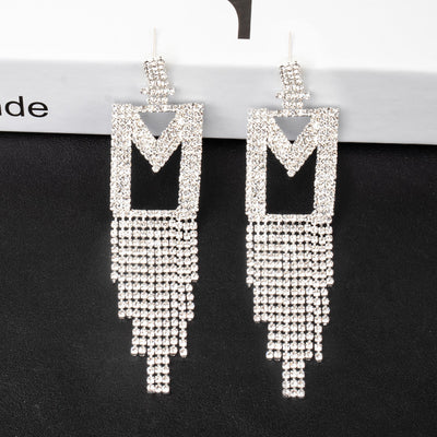 Fashion Jewelry 925 Silver Needle Ornaments Rhinestone Letter B Earrings Banquet Tassel Ear Ornaments Earrings - Silver M - Earrings - Carvan Mart